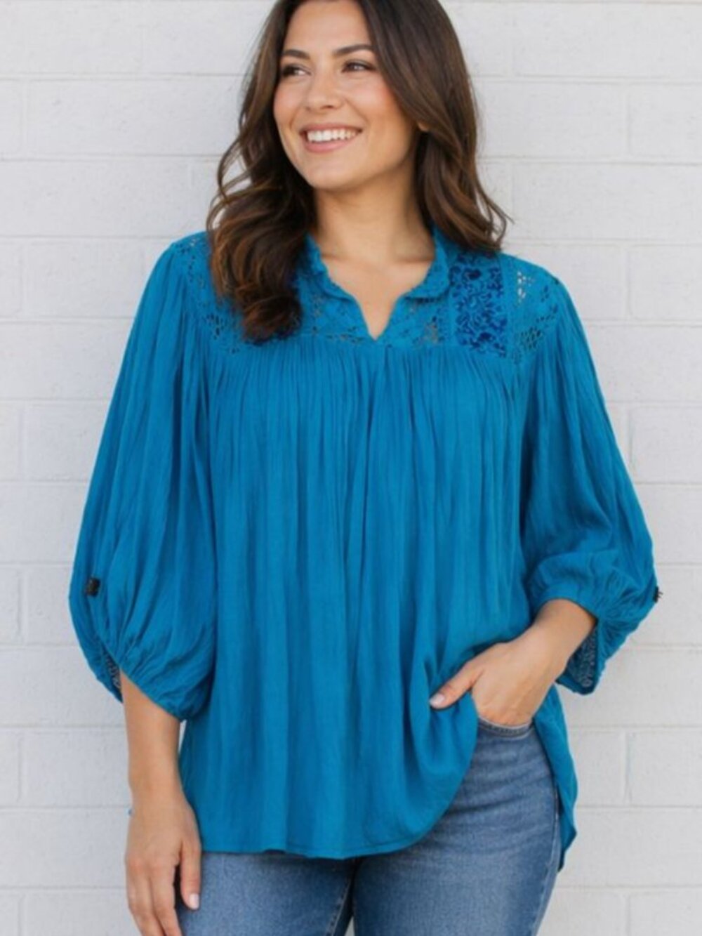 Vintage 70s Aquamarine Arte Huaxyacac Chipas Balloon Sleeve Crochet Lace Top OS